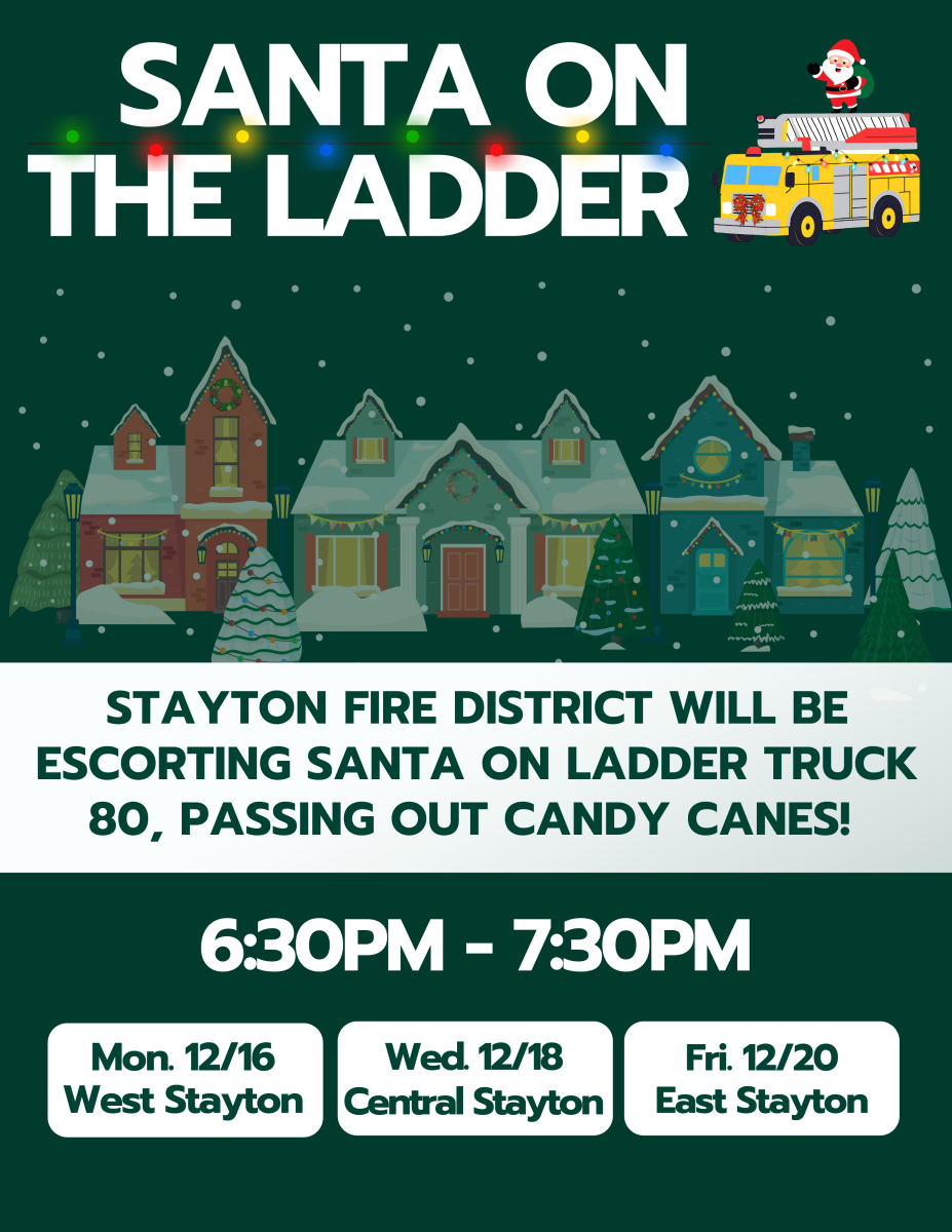 an advertising graphic for the event featuring the same information included on the main page but in a way that is appealing in design, it also features a graphic of santa claus on top of a yellow fire truck, riding on the ladder on top of the truck.